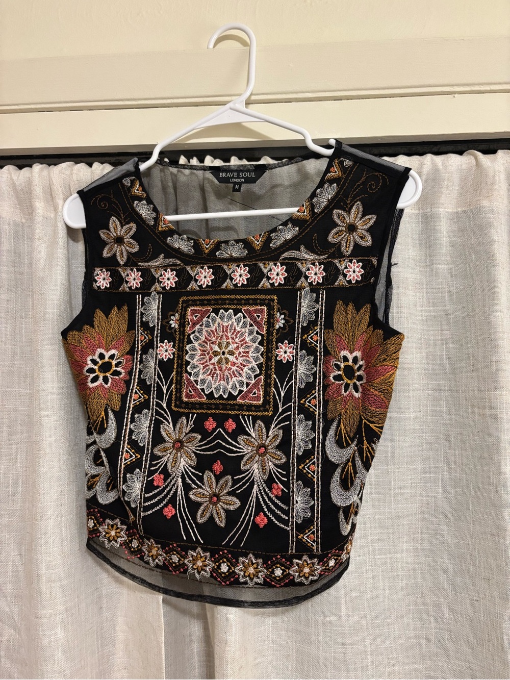 Brave Soul Black Sleeveless Top with Gold and Pink Floral Embroidery